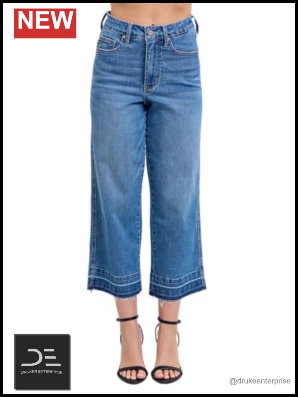 High Waisted Tummy Control Crop Wide Leg Jeans Cotton Blend Stretch